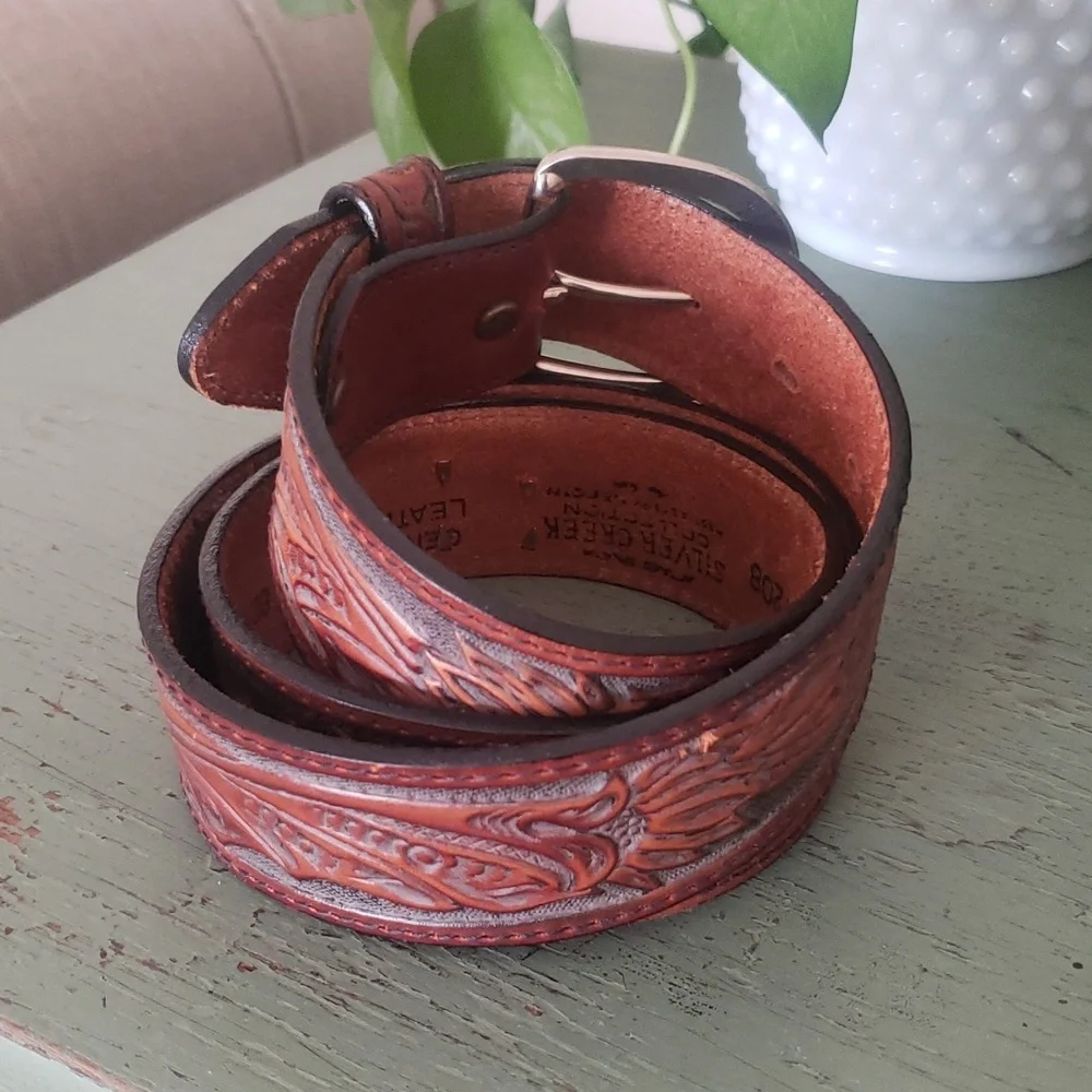 Vintage Tooled Embossed Leather Eagle Cactus Silver Western Belt